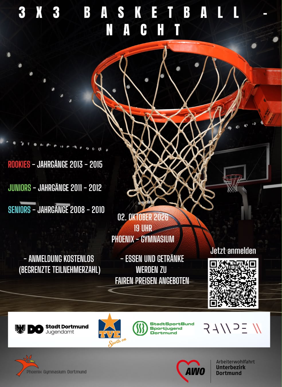 Plakat der 3. 3x3-Basketballnacht: Basketballkorb im Flutlicht, 2. Oktober 2026, 19 Uhr, Phoenix-Gymnasium