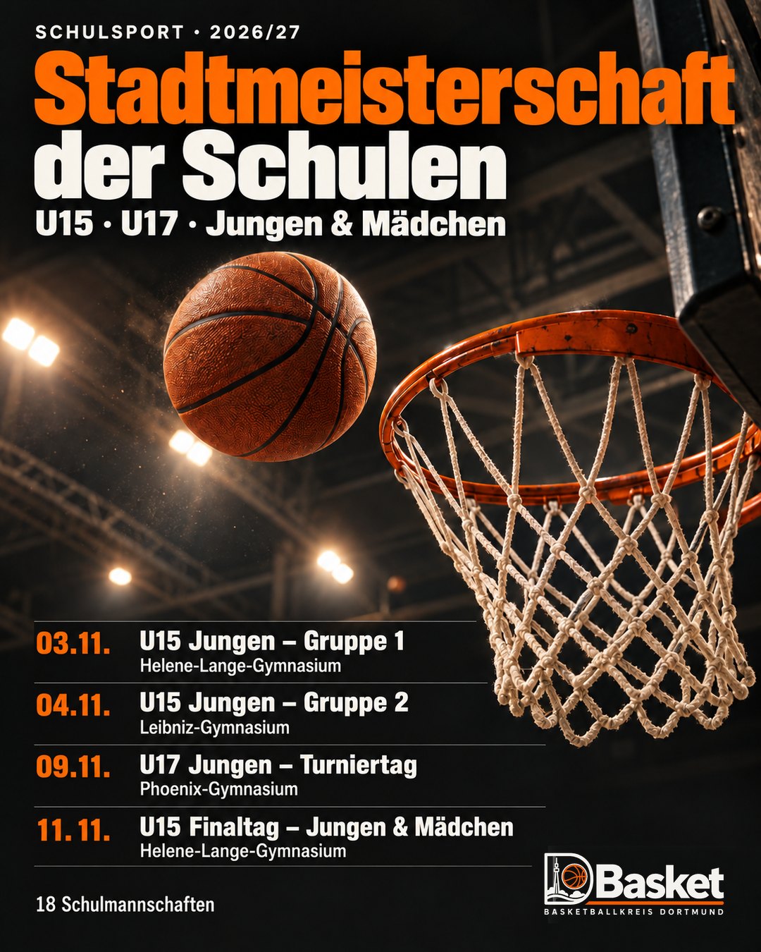 Plakat: Stadtmeisterschaft der Schulen 2026/27, U15 und U17, Spieltage 3., 4., 9. und 11. November